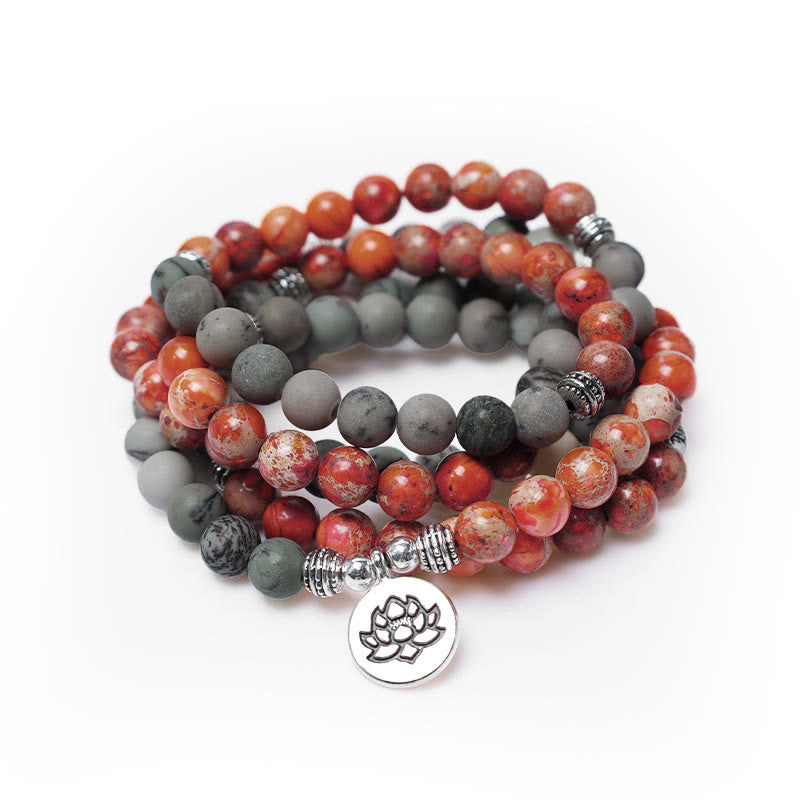 Buddha Stones 108 Mala Beads Natural Stone Sea Sediment Jasper Lotus Protection Bracelet - Sea Sediment Jasper (Protection ♥ Peace) - image 0