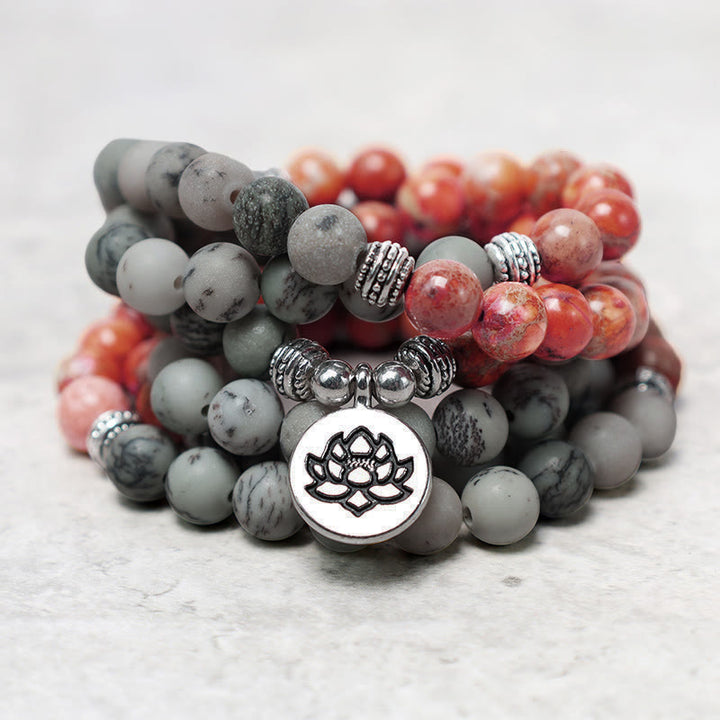 Buddha Stones 108 Mala Beads Natural Stone Sea Sediment Jasper Lotus Protection Bracelet - image 2