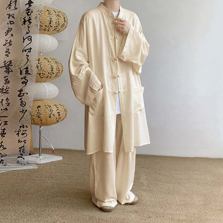 Buddha Stones 2Pcs Men's Long Sleeve Frog-Button Shirt Pants Meditation Zen Cotton Clothing Set - Wheat - US/UK/AU46，EU56 (5XL) - image 0