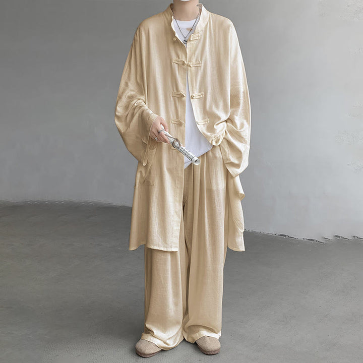 Buddha Stones 2Pcs Men's Long Sleeve Frog-Button Shirt Pants Meditation Zen Cotton Clothing Set - image 1