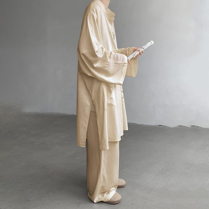 Buddha Stones 2Pcs Men's Long Sleeve Frog-Button Shirt Pants Meditation Zen Cotton Clothing Set - image 2