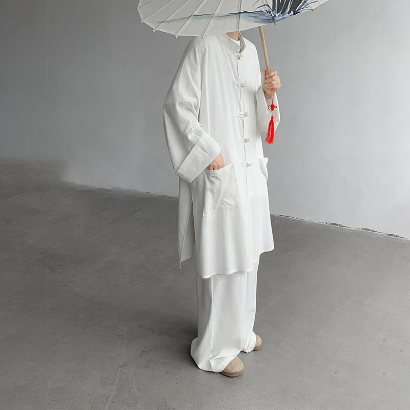 Buddha Stones 2Pcs Men's Long Sleeve Frog-Button Shirt Pants Meditation Zen Cotton Clothing Set - image 7