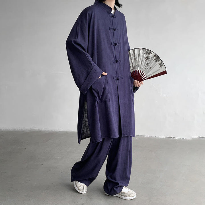 Buddha Stones 2Pcs Men's Long Sleeve Frog-Button Shirt Pants Meditation Zen Cotton Clothing Set - image 12