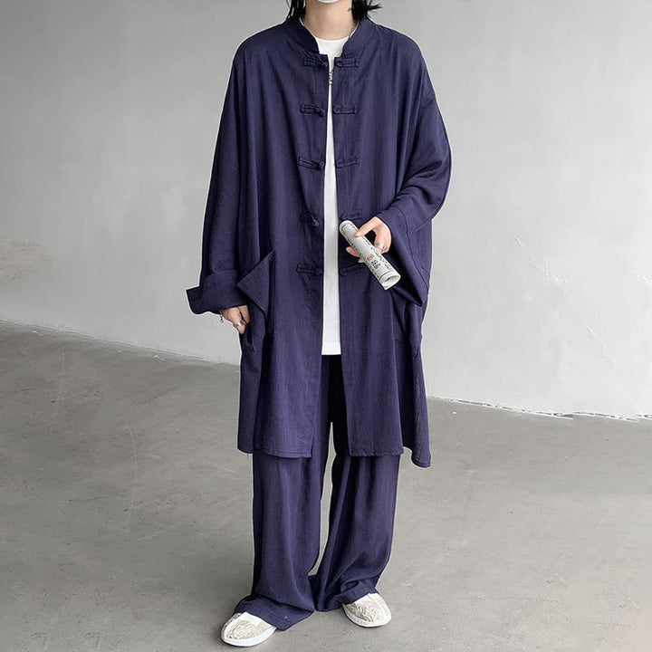 Buddha Stones 2Pcs Men's Long Sleeve Frog-Button Shirt Pants Meditation Zen Cotton Clothing Set - image 11