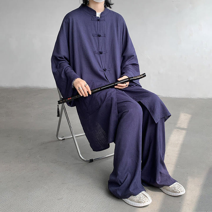 Buddha Stones 2Pcs Men's Long Sleeve Frog-Button Shirt Pants Meditation Zen Cotton Clothing Set - image 14