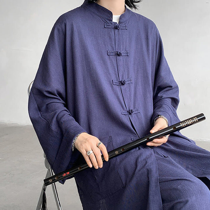 Buddha Stones 2Pcs Men's Long Sleeve Frog-Button Shirt Pants Meditation Zen Cotton Clothing Set - image 15