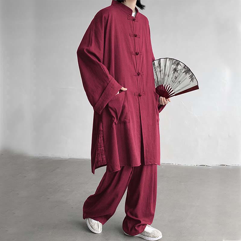 Buddha Stones 2Pcs Men's Long Sleeve Frog-Button Shirt Pants Meditation Zen Cotton Clothing Set - FireBrick - US/UK/AU46，EU56 (5XL) - image 17