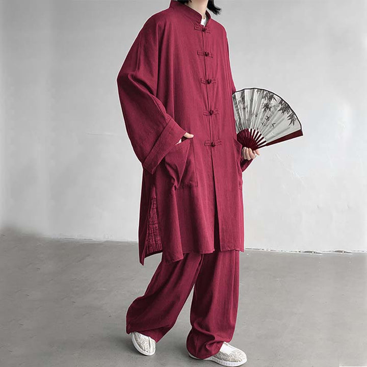 Buddha Stones 2Pcs Men's Long Sleeve Frog-Button Shirt Pants Meditation Zen Cotton Clothing Set - FireBrick - US/UK/AU46，EU56 (5XL) - image 17