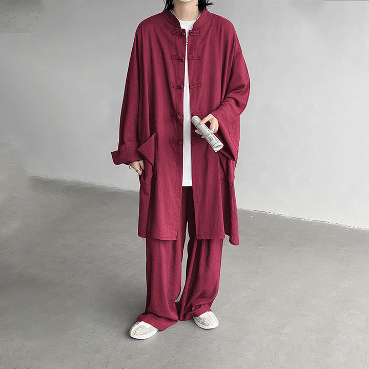 Buddha Stones 2Pcs Men's Long Sleeve Frog-Button Shirt Pants Meditation Zen Cotton Clothing Set - image 19