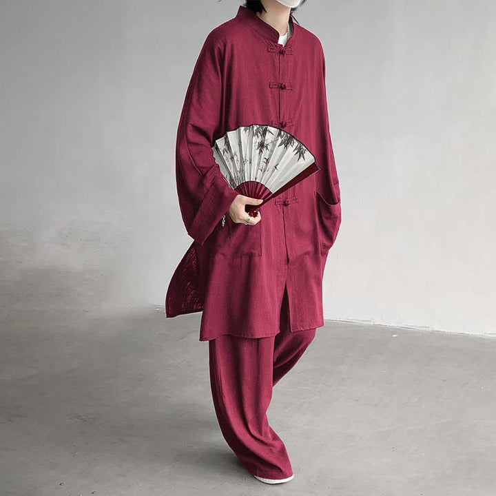 Buddha Stones 2Pcs Men's Long Sleeve Frog-Button Shirt Pants Meditation Zen Cotton Clothing Set - image 18