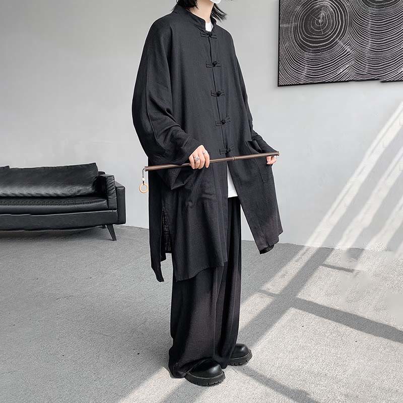 Buddha Stones 2Pcs Men's Long Sleeve Frog-Button Shirt Pants Meditation Zen Cotton Clothing Set - image 23