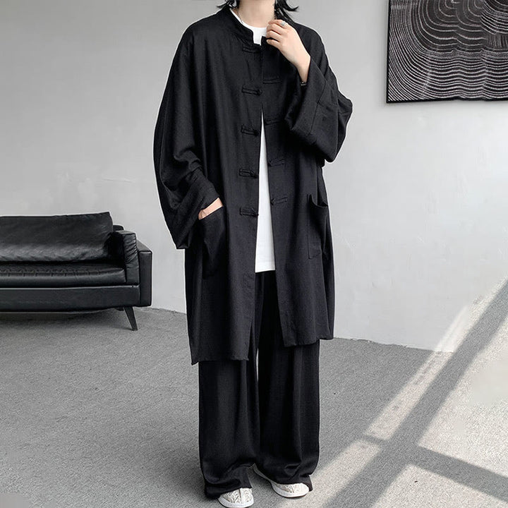 Buddha Stones 2Pcs Men's Long Sleeve Frog-Button Shirt Pants Meditation Zen Cotton Clothing Set - Black - US/UK/AU46，EU56 (5XL) - image 20