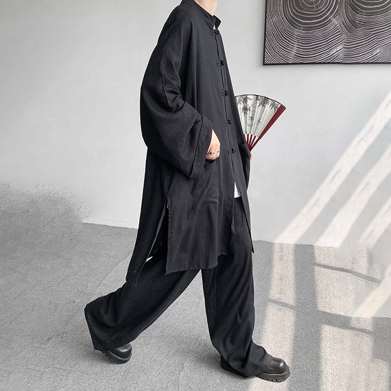 Buddha Stones 2Pcs Men's Long Sleeve Frog-Button Shirt Pants Meditation Zen Cotton Clothing Set - image 22