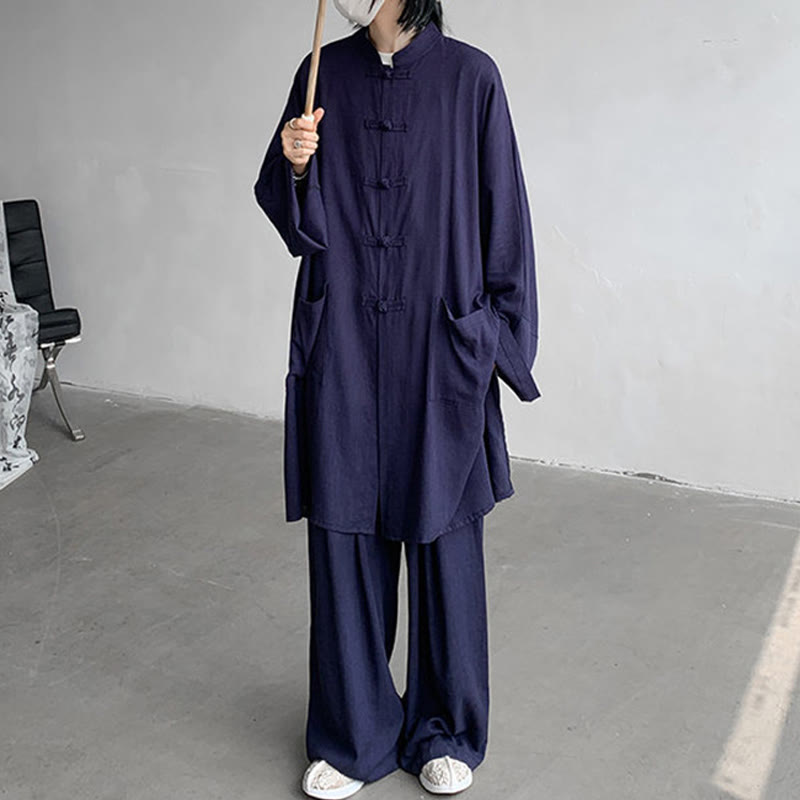 Buddha Stones 2Pcs Men's Long Sleeve Frog-Button Shirt Pants Meditation Zen Cotton Clothing Set - image 13