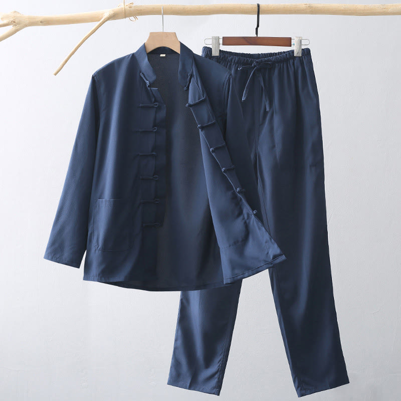 Buddha Stones 2Pcs Tang Suit Traditional Frog-Button Men's Long Sleeve Shirt Pants Clothing Set - SteelBlue - US/UK/AU44，EU54 (4XL) - image 0