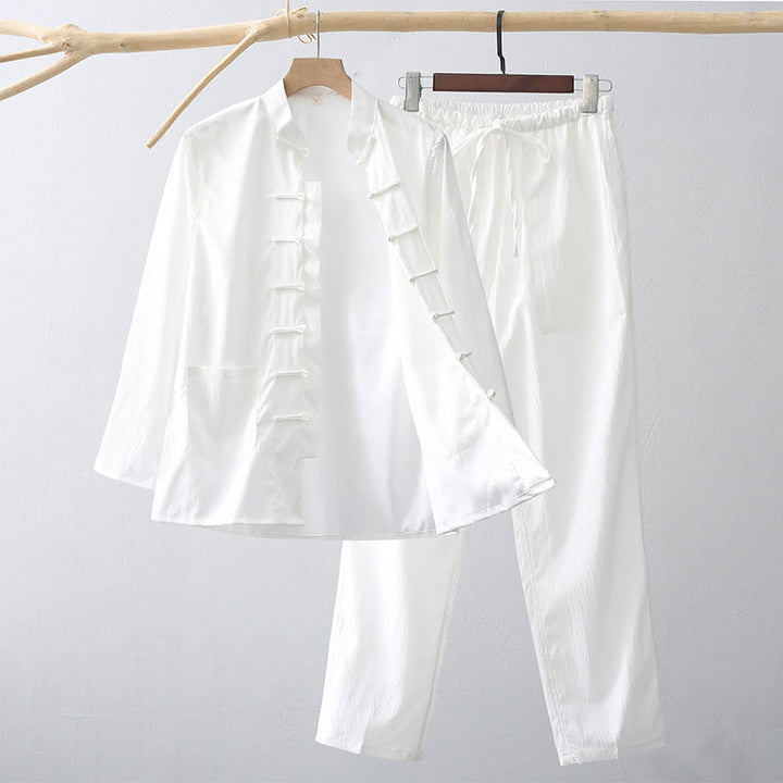 Buddha Stones 2Pcs Tang Suit Traditional Frog-Button Men's Long Sleeve Shirt Pants Clothing Set - White - US/UK/AU44，EU54 (4XL) - image 9