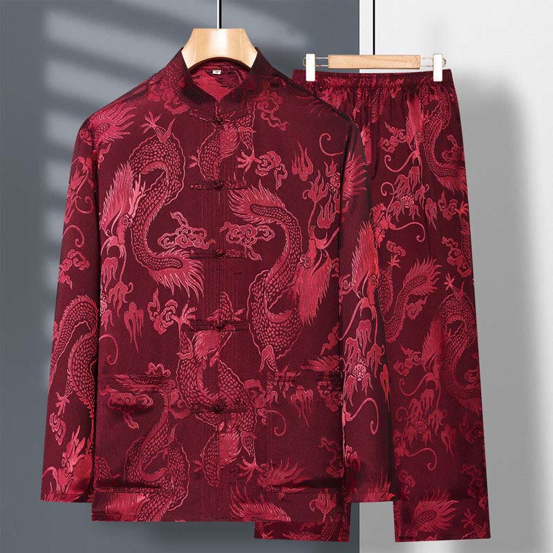 Buddha Stones 2Pcs Tang Suit Dragon Frog-Button Men's Long Sleeve Shirt Pants Clothing Set - FireBrick - US/UK/AU42，EU52 (3XL) - image 4