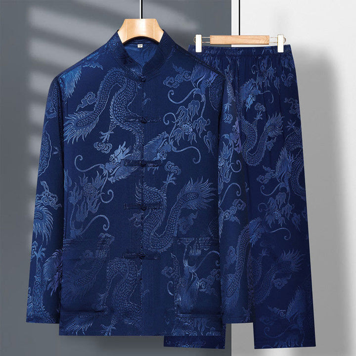 Buddha Stones 2Pcs Tang Suit Dragon Frog-Button Men's Long Sleeve Shirt Pants Clothing Set - SteelBlue - US/UK/AU42，EU52 (3XL) - image 0
