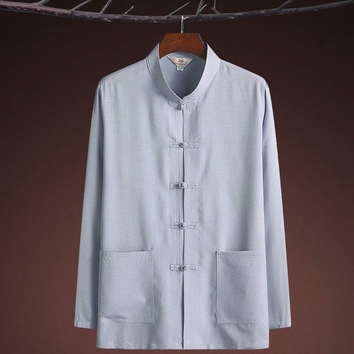 Buddha Stones 2Pcs Tang Suit Plain Color Frog-Button Men's Long Sleeve Shirt Pants Set - image 5