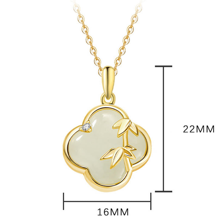 Buddha Stones Hetian Jade 925 Sterling Silver Four Leaf Clover Bamboo Growth Necklace Pendant - image 2