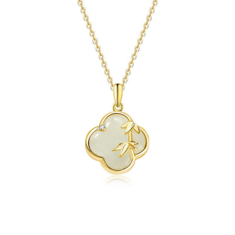 Buddha Stones Hetian Jade 925 Sterling Silver Four Leaf Clover Bamboo Growth Necklace Pendant - image 3