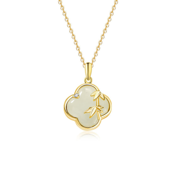 Buddha Stones Hetian Jade 925 Sterling Silver Four Leaf Clover Bamboo Growth Necklace Pendant - image 3