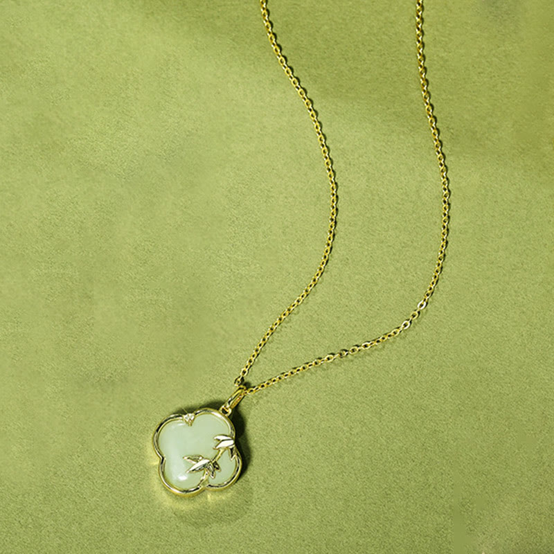 Buddha Stones Hetian Jade 925 Sterling Silver Four Leaf Clover Bamboo Growth Necklace Pendant - image 1