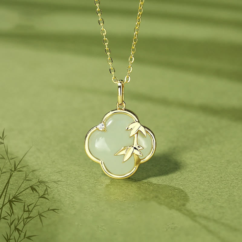 Buddha Stones Hetian Jade 925 Sterling Silver Four Leaf Clover Bamboo Growth Necklace Pendant - Hetian Jade 925 Sterling Silver - image 0