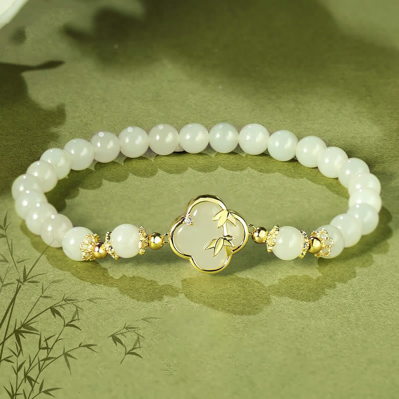 Buddha Stones Hetian Jade 925 Sterling Silver Four Leaf Clover Bamboo Luck Bracelet - Hetian Jade 925 Sterling Silver(Wrist Circumference: 14-16cm) - image 0