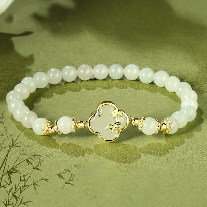 Buddha Stones Hetian Jade 925 Sterling Silver Four Leaf Clover Bamboo Luck Bracelet - Hetian Jade 925 Sterling Silver(Wrist Circumference: 14-16cm) - image 0