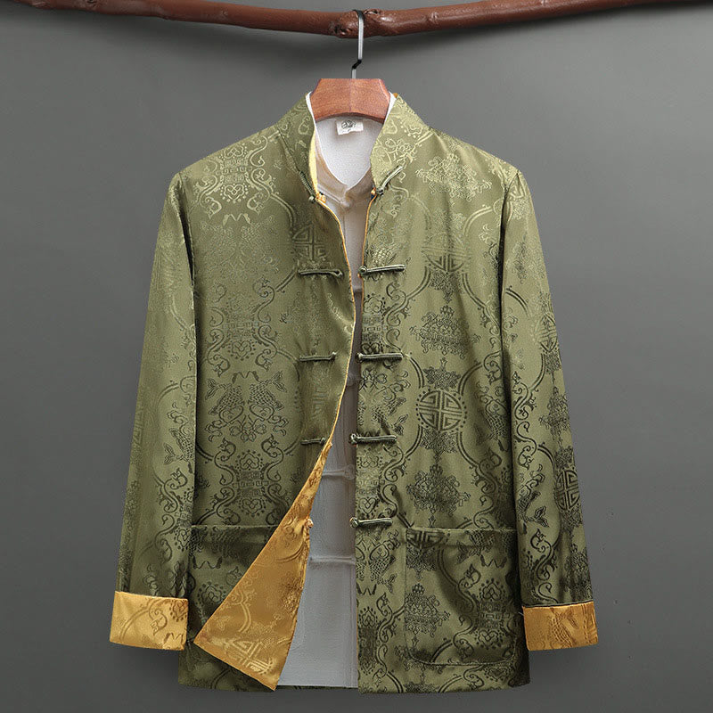 Buddha Stones 2Pcs Men's Tang Suit Koi Fish Pattern Frog-Button Long Sleeve Shirt Pants Set - image 23
