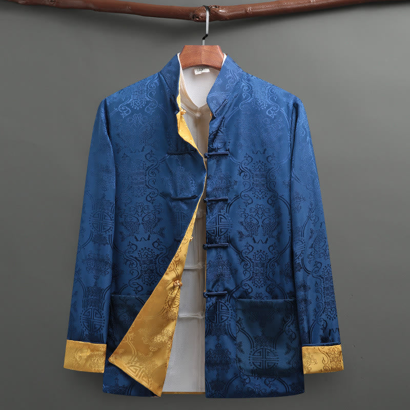 Buddha Stones Men's Frog-Button Tang Suit Koi Fish Pattern Long Sleeve Shirt With Pockets - RoyalBlue - US/UK/AU42，EU52 (3XL) - image 1