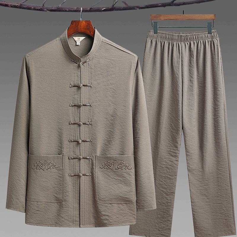 Buddha Stones 2Pcs Plain Tang Suit Men's Frog-Button Long Sleeve Shirt Pants Set - Tan - 2Pcs Set - US/UK/AU42，EU52 (4XL) - image 14