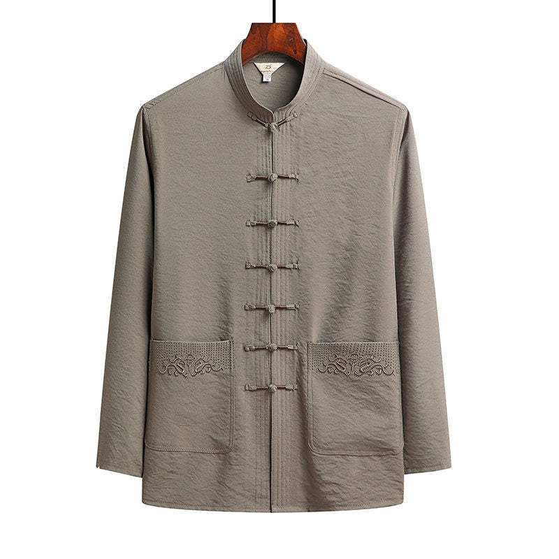 Buddha Stones 2Pcs Plain Tang Suit Men's Frog-Button Long Sleeve Shirt Pants Set - Tan - Shirt - US/UK/AU42，EU52 (4XL) - image 15