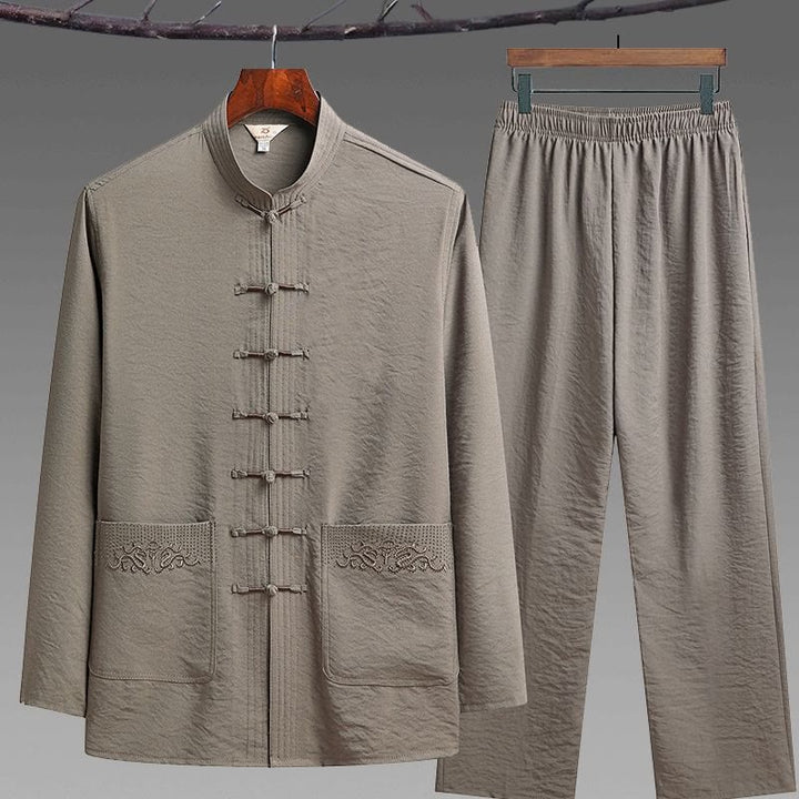 Buddha Stones 2Pcs Plain Tang Suit Men's Frog-Button Long Sleeve Shirt Pants Set - Tan - 2Pcs Set - US/UK/AU42，EU52 (4XL) - image 14