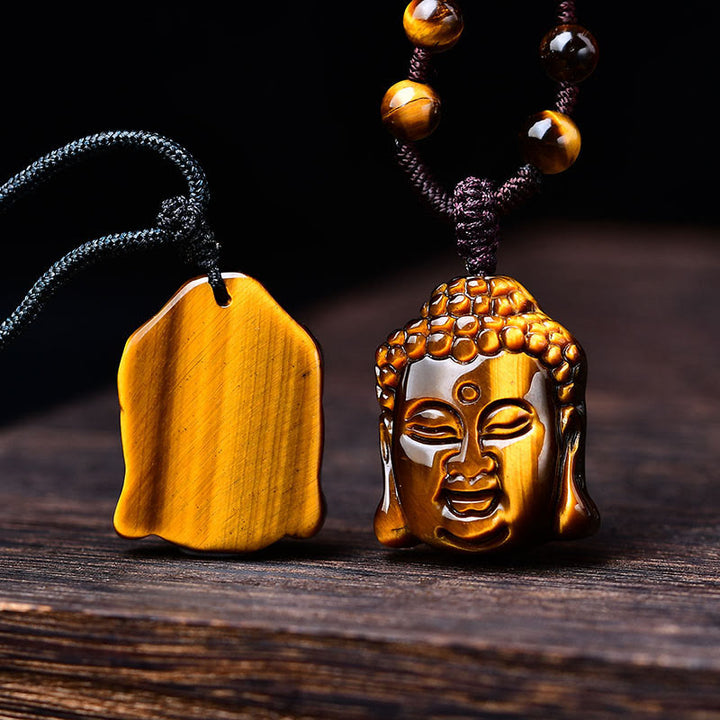 Buddha Stones Tiger Eye String Buddha Head Courage Necklace Pendant - image 18