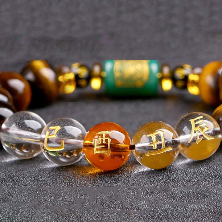 Buddha Stones Chinese Zodiac Tiger Eye White Crystal Courage Bracelet - Rooster(Wrist Circumference: 14-16cm) - 14mm - image 49