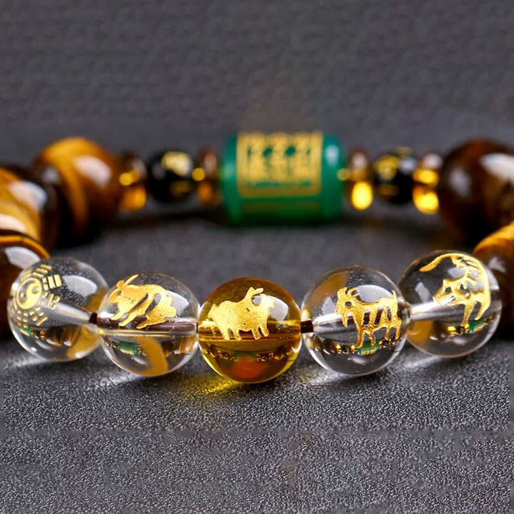 Buddha Stones Chinese Zodiac Tiger Eye White Crystal Courage Bracelet - image 54