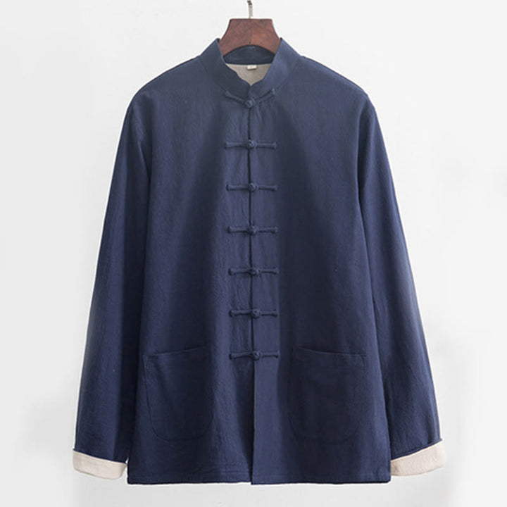 Buddha Stones 2Pcs Zen Tang Suit Men's Linen Frog-Button Long Sleeve Shirt Pants Set - image 24