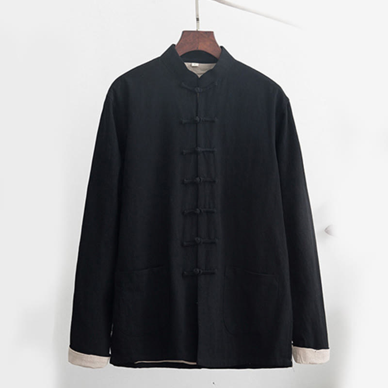 Buddha Stones 2Pcs Zen Tang Suit Men's Linen Frog-Button Long Sleeve Shirt Pants Set - image 3