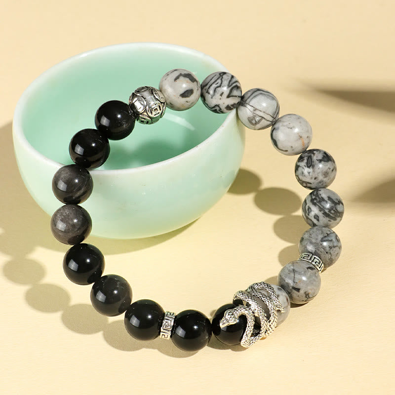Buddha Stones Natural Silver Sheen Obsidian White Turquoise Grey Jasper Snowflake Obsidian Year Of The Snake Protection Bracelet - image 10