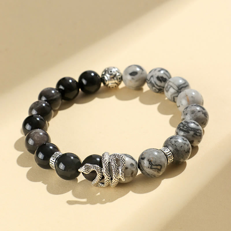 Buddha Stones Natural Silver Sheen Obsidian White Turquoise Grey Jasper Snowflake Obsidian Year Of The Snake Protection Bracelet - Silver Sheen Obsidian Grey Jasper(Wrist Circumference: 15-18cm) - image 9