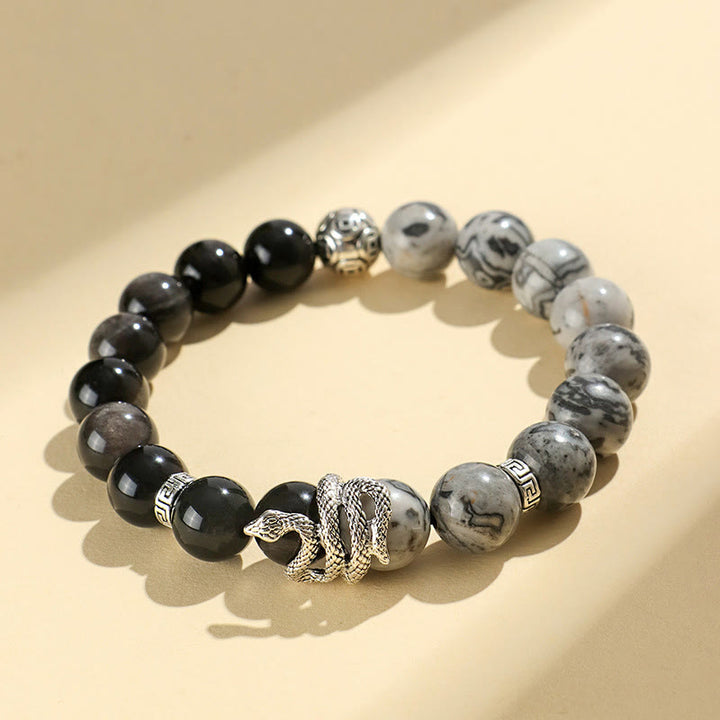 Buddha Stones Natural Silver Sheen Obsidian White Turquoise Grey Jasper Snowflake Obsidian Year Of The Snake Protection Bracelet - Silver Sheen Obsidian Grey Jasper(Wrist Circumference: 15-18cm) - image 9