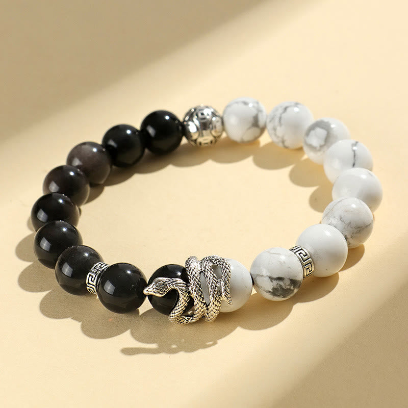 Buddha Stones Natural Silver Sheen Obsidian White Turquoise Grey Jasper Snowflake Obsidian Year Of The Snake Protection Bracelet - Silver Sheen Obsidian White Turquoise(Wrist Circumference: 15-18cm) - image 1