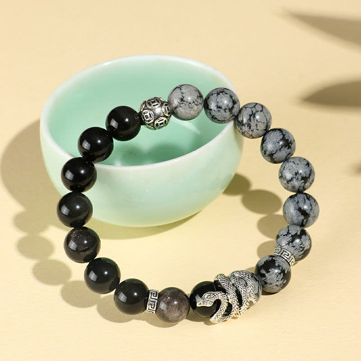 Buddha Stones Natural Silver Sheen Obsidian White Turquoise Grey Jasper Snowflake Obsidian Year Of The Snake Protection Bracelet - image 13