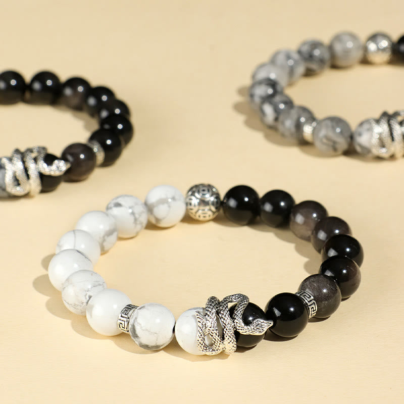 Buddha Stones Natural Silver Sheen Obsidian White Turquoise Grey Jasper Snowflake Obsidian Year Of The Snake Protection Bracelet - image 0