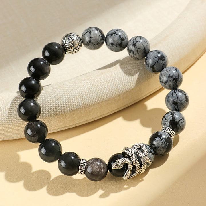 Buddha Stones Natural Silver Sheen Obsidian White Turquoise Grey Jasper Snowflake Obsidian Year Of The Snake Protection Bracelet - image 15