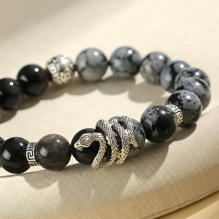 Buddha Stones Natural Silver Sheen Obsidian White Turquoise Grey Jasper Snowflake Obsidian Year Of The Snake Protection Bracelet - image 14