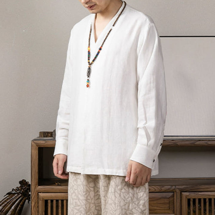 Buddha Stones V-Neck Men's Linen Long Sleeve Shirt Zen Clothing - image 2