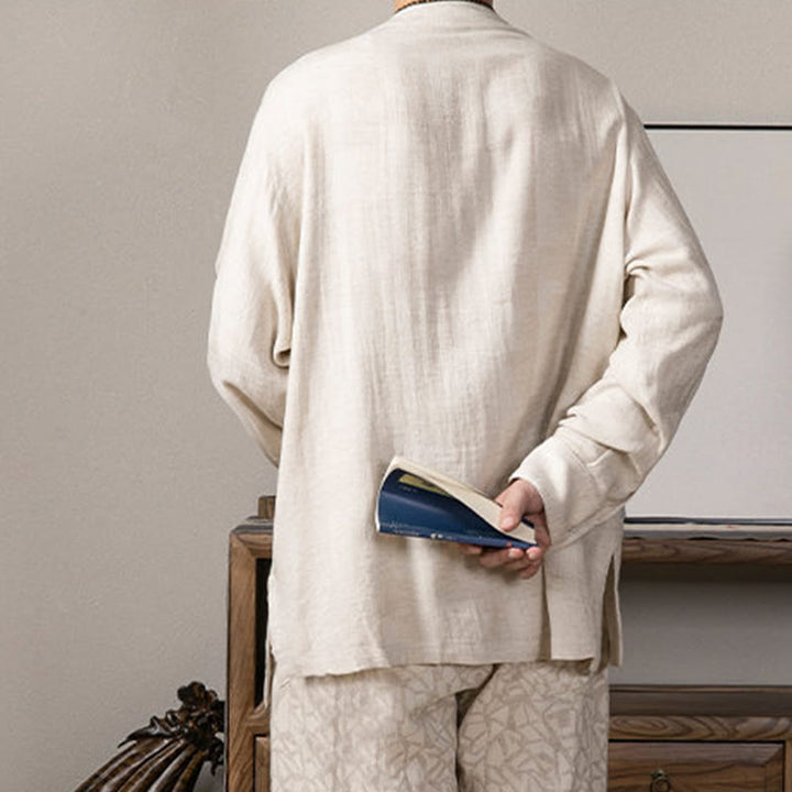 Buddha Stones V-Neck Men's Linen Long Sleeve Shirt Zen Clothing - image 14